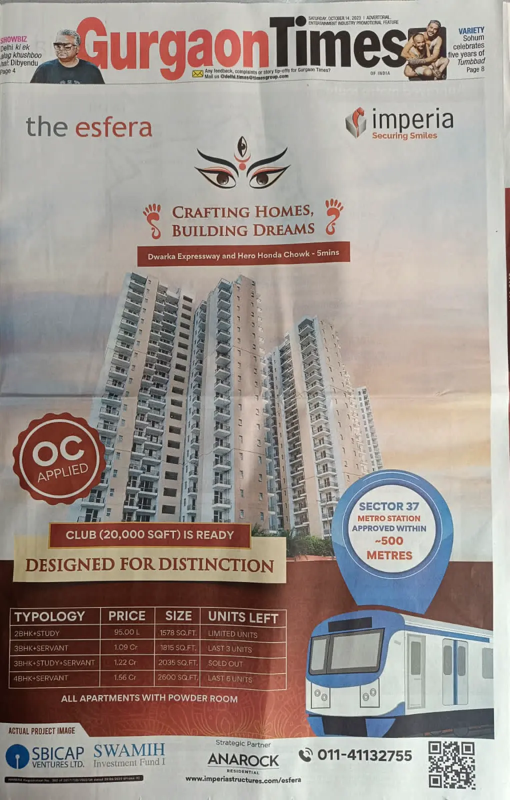 14 OCT 2023 GURGAON TIMES ESFERA AD-1